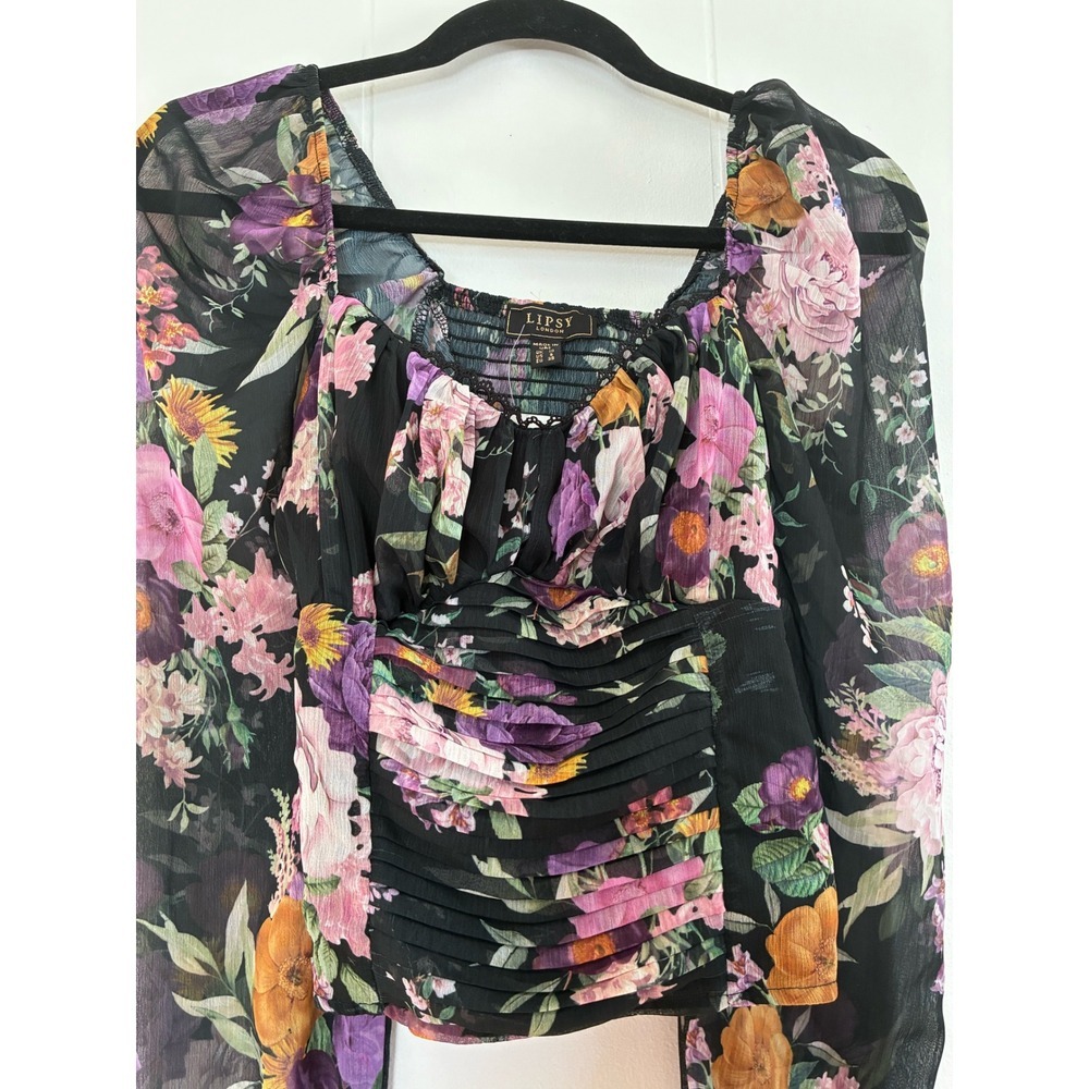 NWT Lipsy London Floral Square Neck Ruched Long‎ Sleeve Sheer Blouse Women S 6 - Picture 5 of 6